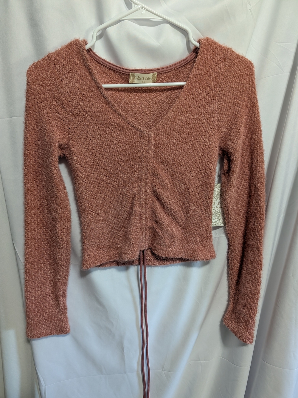 Altar'd State Rosewood V-Neck Drawstring Cropped Sweater